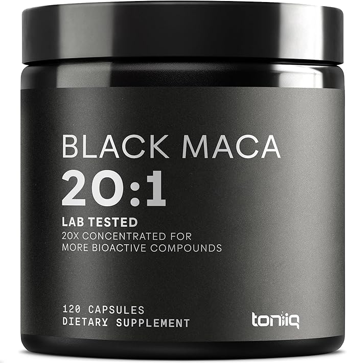 Toniiq Black Maca Root - Ultra High Potency 20:1 Extract - Single Origin Wildcrafted &amp Highly Concentrated - Third-Party Lab Tested - 120 Capsules