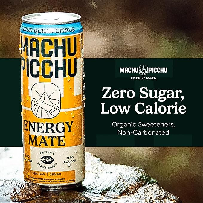 MACHU PICCHU Zero Sugar Energy Mate Drink – Non-Carbonated Yerba Mate 120mg Organic Caffeine Smooth Focus Without Jitters or Crash Low Calorie USDA Organic 12oz Cans (12-Pack-“Ocean Citrus”)