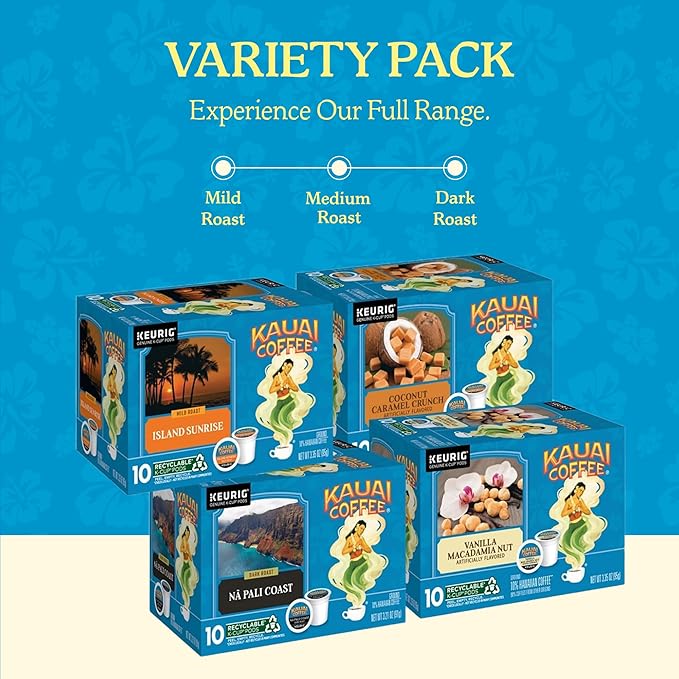 Kauai Coffee K-Cup Pods for Keurig Brewers – Arabica Coffee 10% Hawaiian – Mild Medium and Dark Roast Rich Smooth No Bitterness – Four Flavors 4 Packs of 10 Single Serve K-Cups