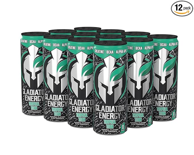 Gladiator Energy Drink Sugar-Free 12 Pack Tropical Titan 12oz Cans with Creatine BCAA and 250mg Caffeine (Tropical Titan)