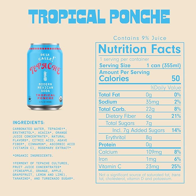 De La Calle Tepache - Tropical Ponche - Modern Mexican Soda - Craft Fermented Pineapple Sparkling Beverage - Certified Organic Antioxidant Rich Non-Alcoholic Healthy Soda Low Sugar Low Calorie N