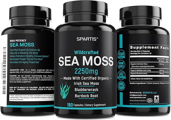 Certified Organic Sea Moss Capsules 2250mg Wildcrafted Irish Sea Moss Burdock Root Bladderwrack Supplement Raw Seamoss Pills &amp Powder (Pack of 1 at 180-Caps)