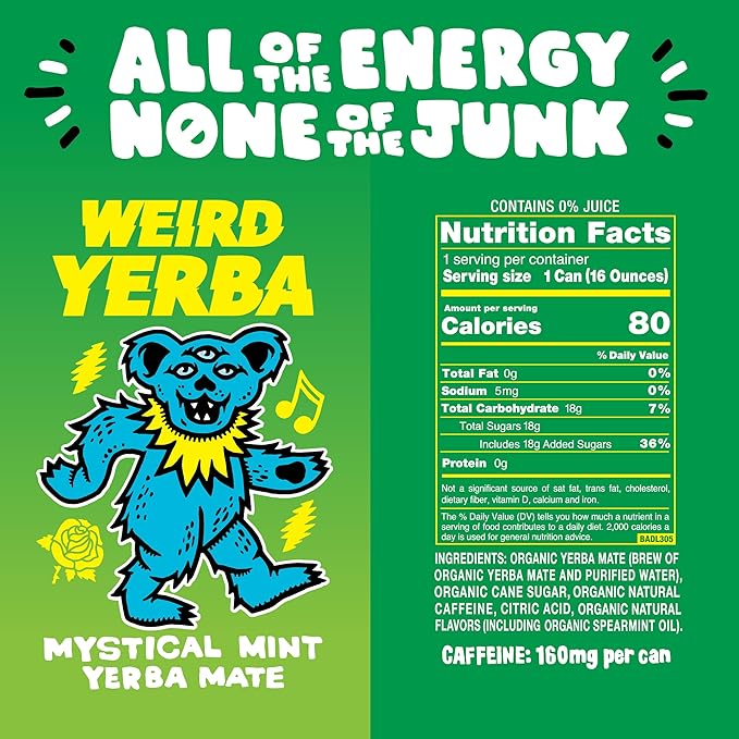 Drink Weird Organic Mystical Mint Yerba Mate – 16oz Cans 160mg Organic Caffeine Pack of 12 – Grateful Dead Collab Clean Energy Drink Alternative