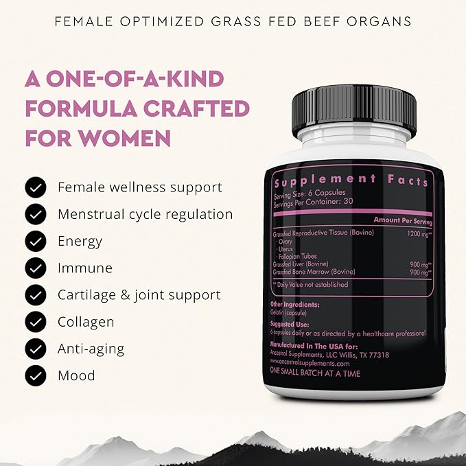 Beef Organ Supplement for Women – Supports Hormone Balance Energy &amp Wellness – Grass Fed Pasture Raised Superfood – Liver Heart Kidney Bone Marrow – Collagen CoQ10 B12 – Female Support Blen