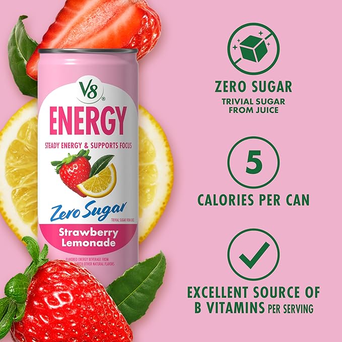 V8 Energy Zero Sugar Strawberry Lemonade 8 fl. oz. Can (24 Pack)