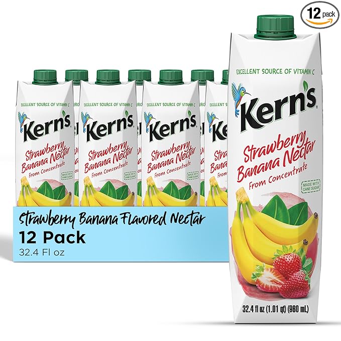 Kern’s Strawberry Banana Nectar Juice - Made with Fresh Fruit Puree - Tropical Fruit Juice Concentrate for Smoothie Mix Cocktail Mixers Kids Drinks &amp Mexican Beverages - 32.4oz 12 Pack Carton