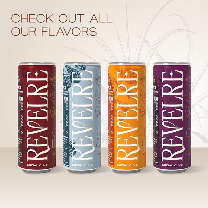 Revelre Functional Social Tonic with Ketones and Adaptogens - Mindful Blend for Focus and Calm - Ketones Magnesium B12 Reishi &amp Cordyceps Mushrooms - Non Alcoholic - Peach Ginger 12 oz (4 Pack