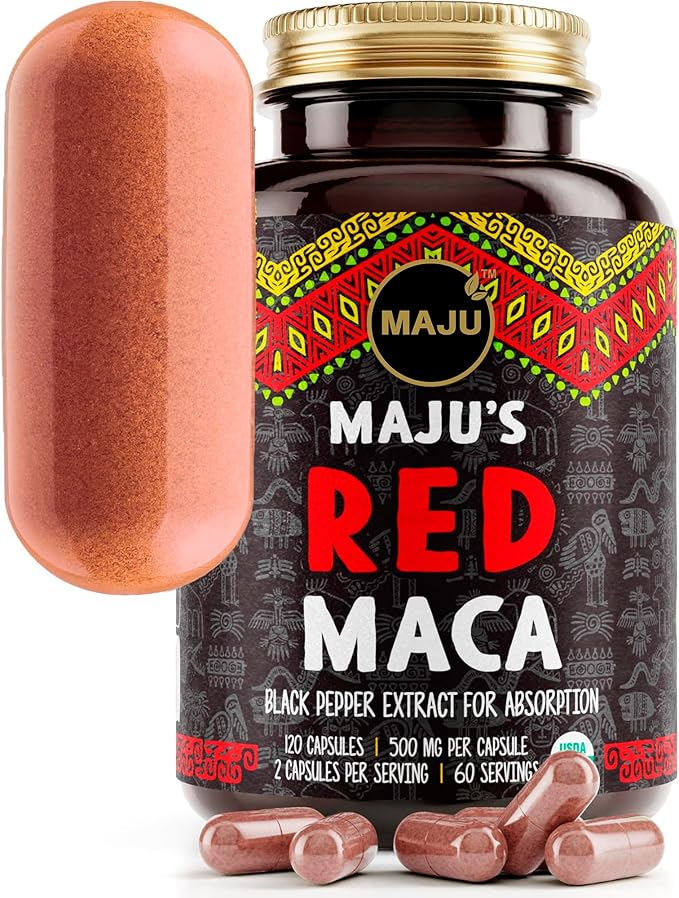 Maju Superfoods Organic Red Maca Root Capsules 120ct - Women Focused Curve Enhancement Nutrition Booster Pills Gain for Thighs Powder in Pill Supplement