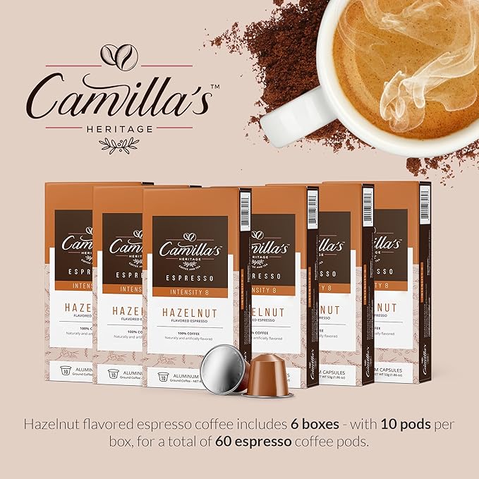 Camilla’s Heritage - Intensity 8 Hazelnut Flavored Espresso Coffee Gourmet Espresso Cups 60 Coffee Pods