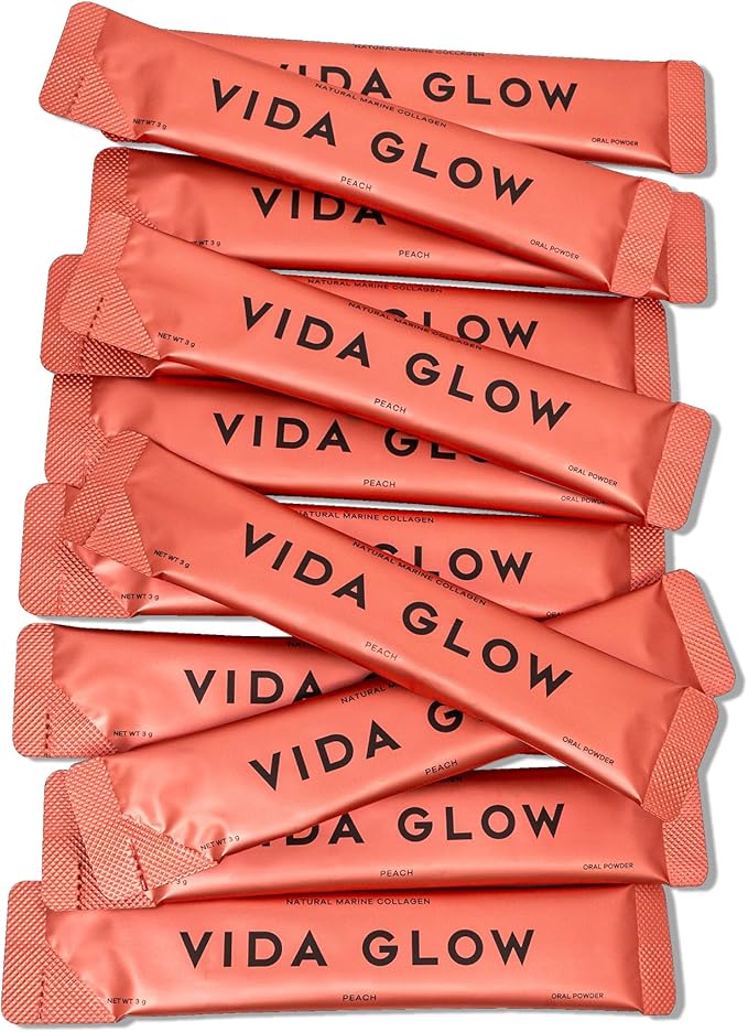 Vida Glow Marine Collagen Powder - Anti Aging Supplement with Collagen Peptides Promotes Glowing Skin Strong Nails Healthy Hair | 30 Servings Peach Flavor