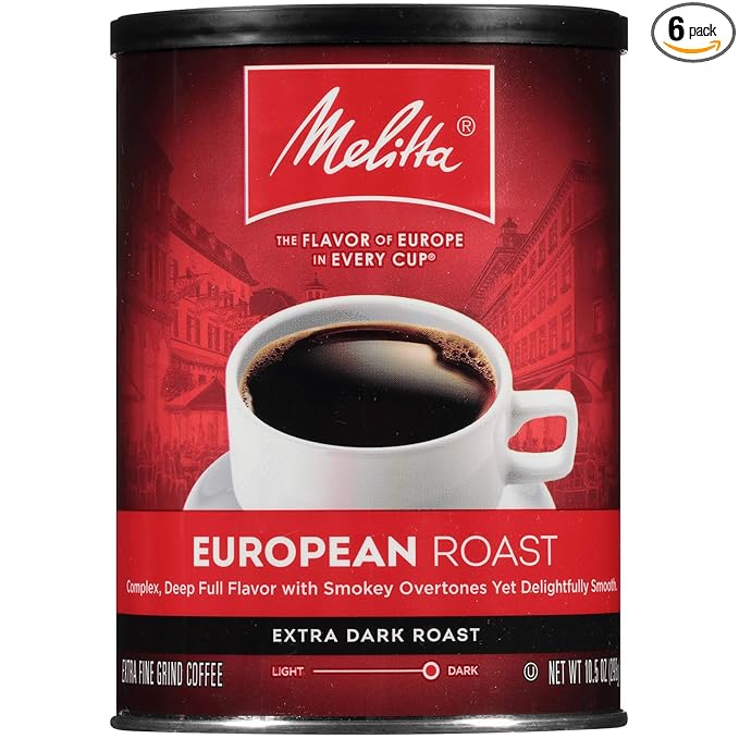 Melitta European Roast Coffee Extra Dark Roast Extra Fine Grind 10.5 Ounce can (Pack of 6)