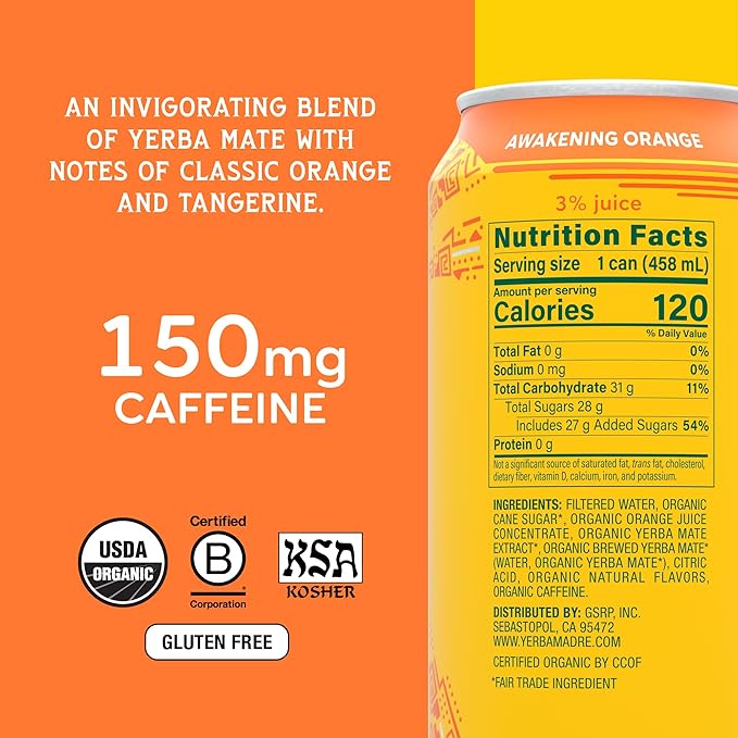 Yerba Madre Organic Yerba Mate Awakening Orange 150mg Natural Caffeine Energy Drink Alternative No Jitters or Crash 15.5 Oz Cans (Pack of 12)