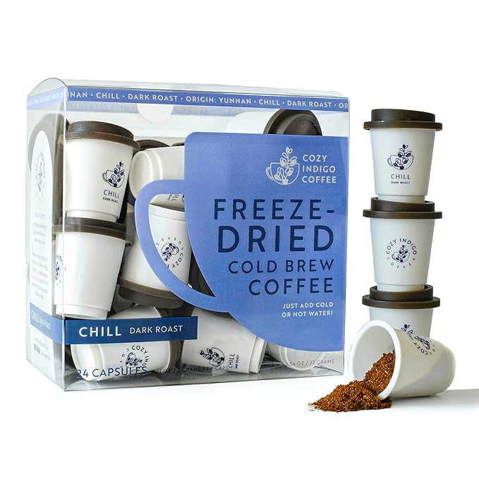 COZY INDIGO COFFEE - CHILL Cold Brew Dark Roast Instant Freeze Dried Specialty Coffee 24 Capsules 100% Arabica Beans Enjoy Cold or Hot Perfect for Travel and On The Go