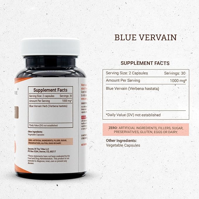 Secrets of the Tribe Blue Vervain 60 Capsules 1000 mg Blue Vervain (Verbena Hastata) Dried Herb (60 Capsules)