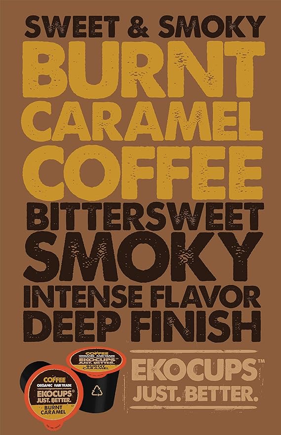EKOCUPS Organic Burnt Caramel Flavored Coffee Pods Extra 30% More Coffee Per Cup Artisan Fair Trade Dark Roast Carmel Coffee for Keurig K Cup Machines Recyclable Pods 80 Count