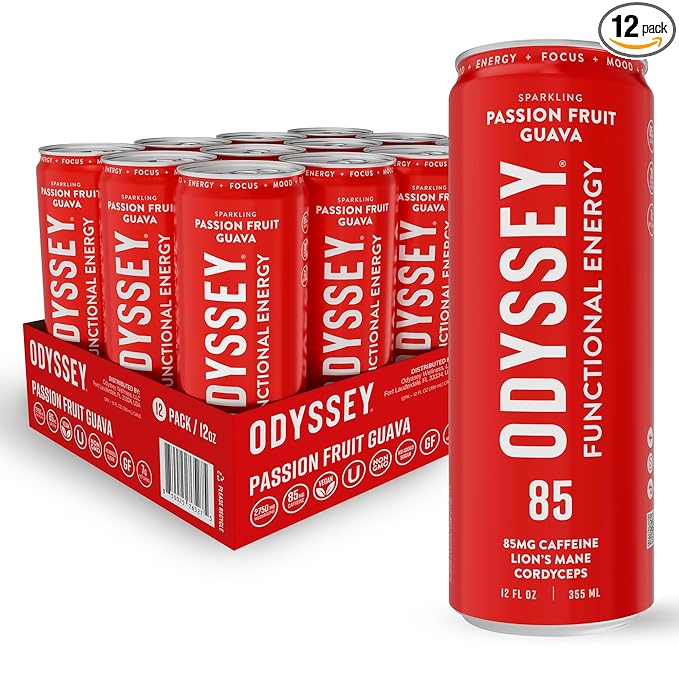 Odyssey Functional Energy Drink for Focus Cognition &amp Mood Support 12 Pack - Adaptogenic Drink with 85mg Green Tea Caffeine Lion’s Mane Cordyceps L-Theanine &amp Ginseng Passion Fruit Orange