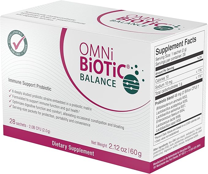 OMNi BiOTiC Balance Probiotic Immune Support - Bifidobacterium &amp Lactobacillus - Hypoallergenic - Immune Booster Supplement for Men and Women - Non-GMO (28 Daily Packets)