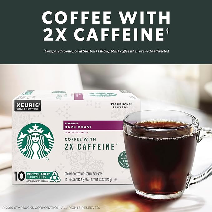 Starbucks Dark Roast K-Cup Coffee Pods with 2X Caffeine for Keurig Brewers 6 boxes (60 pods total)