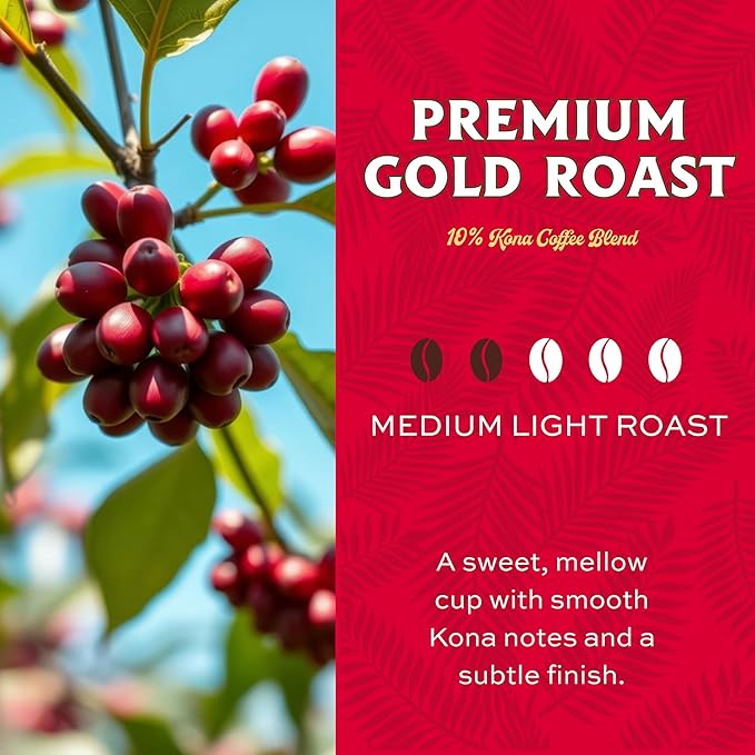 Lion Coffee 24K Gold Roast 100% Kona Whole Bean Coffee Medium-Light Roast A Taste of Aloha - 7 Ounce Bag