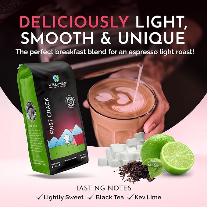 Well-Bean Coffee - First Crack Blend Whole Bean Coffee Breakfast Blend Honduras Coffee Antioxidant Rich Coffee Bean Gluten-Free Keto Coffee Light Roasted Coffee 2 Lb