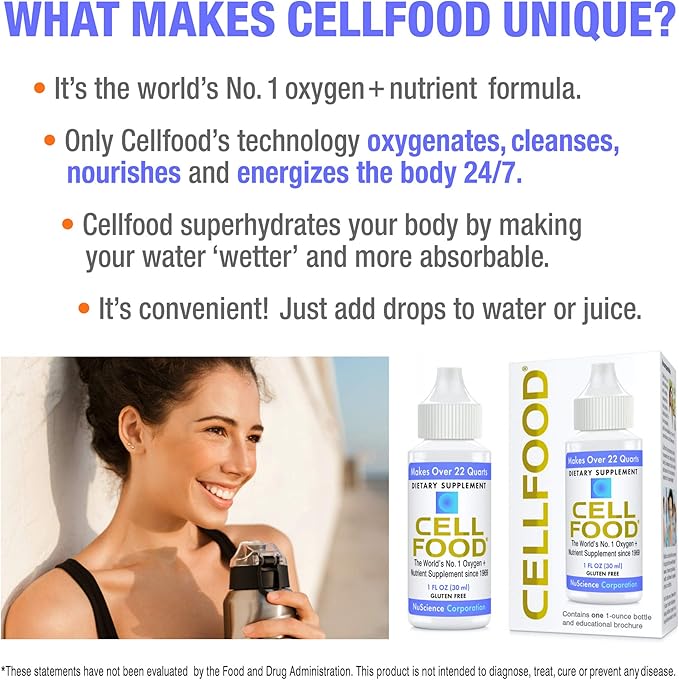 Cellfood Oxygen Boost 1 fl oz - Liquid Oxygen Supplement for Lymphatic Drainage Altitude Sickness Jet Lag Fatigue Headaches Hangovers &amp Energy - Gluten Free Cert. Kosher - Makes Over 22 Qua