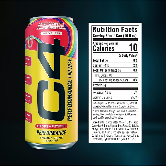 Cellucor C4 Performance Energy Drink | Cosmic Rainbow | Zero Sugar Carbonated Preworkout Energy | 200mg Caffeine with Beta Alanine | 16 Fl Oz (12 Pack) Packaging May Vary