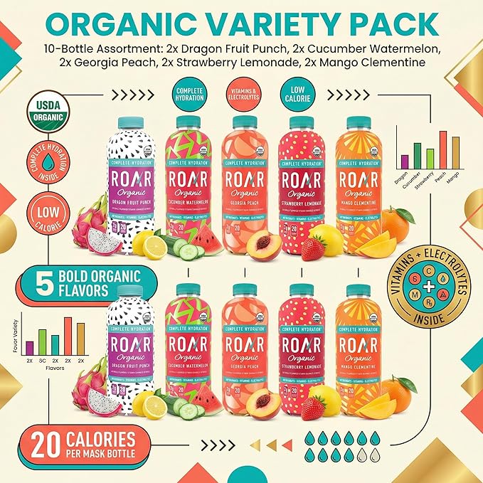 Roar Organic Beverages Variety Pack 10-Pack (18oz Bottles) – Strawberry Lemonade Dragon Fruit Punch Mango Clementine Blackberry Lemonade &amp Georgia Peach – Refreshing Organic Drink