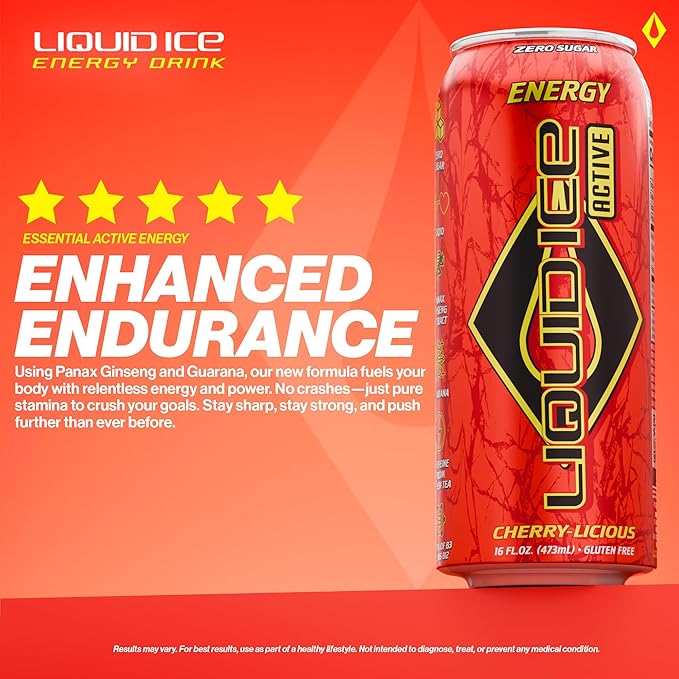 Liquid Ice Active Energy Drink Cherry Licious Zero Sugar 160mg Natural Caffeine from Green Tea with CoQ10 &amp Ginseng Clean Focus &amp Performance Support Gluten Free 16oz Cans (12 Pack)