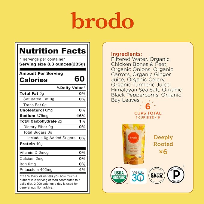 Brodo Deeply Rooted Organic Chicken Broth with Turmeric &amp Ginger Nutrient-Rich Chicken Bone Broth Organic High in Protein and Collagen for Wellness and Cooking (6x 8.3 oz. Pouches)