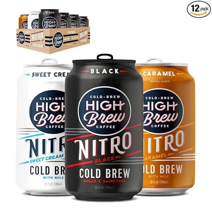 High Brew Coffee | Nitro Cold Brew Variety Pack | Sugar-Free Dairy-Free 200mg Natural Caffeine | Smooth Low-Acid Coffee Infused with Nitrogen Ready-to-Drink | Caramel Black &amp Sweet Cream Flavo