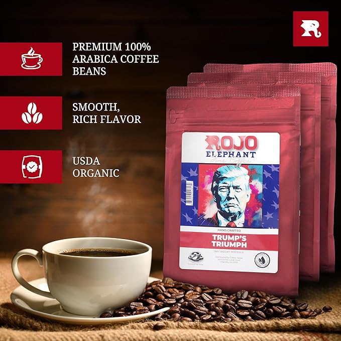 Rojo Elephant Handcrafted Ground Coffee 11 0z Bags 3 Pack Trump's Triumph Alexander Hamilton Washington Original Prestige Pack