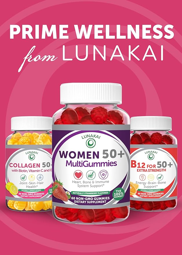 Lunakai USA Manufactured Collagen Gummies for Women &amp Men Over 50 Biotin &amp Vitamin C Supports Skin Elasticity Hair &amp Nail Strength Joint Support 60ct