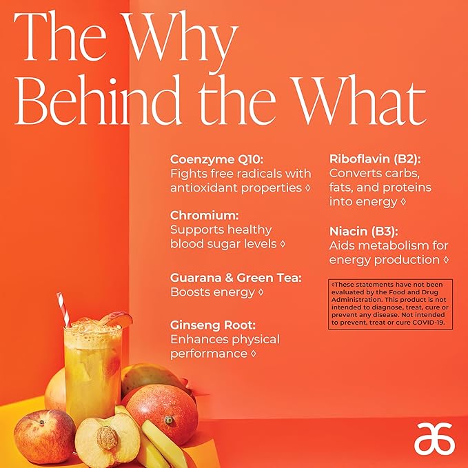 Arbonne Ginseng Energy Supplements - Peach Mango Flavor Fizz Sticks Energy Boost with Caffeine Powder from Guarana and Green Tea Delicious Alternative to Caffeine Pills