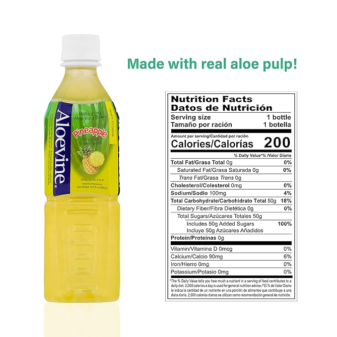 Aloevine Aloe Vera Drink Pineapple – Drink Aloe Juice with Real Aloe Chunks | Healthy Plant-Based Korean Beverage | Aloe Vera Juice | 16.9 oz Bottles (20 Pack)