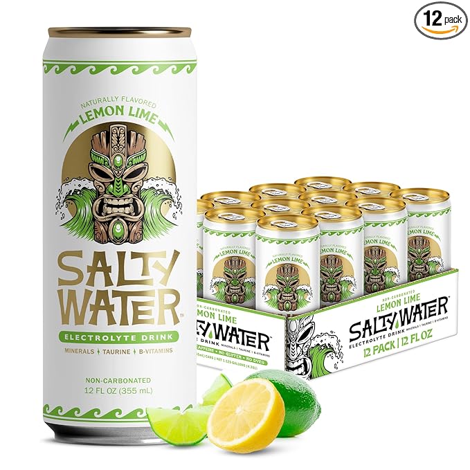 SaltyWater Electrolyte Drink Lemon Lime – Zero Sugar Premium Hydration Drink 10 Calories Minerals Taurine B-Vitamins Non-Carbonated - Zero Caffeine Electrolyte Sports Drink - Gluten Free - 12 Pa
