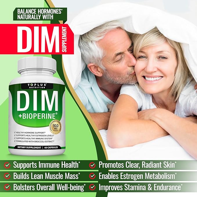 Dim Supplement 910 mg Plus BioPerine Complex - Diindolylmethane to Support Hormone Balance and Estrogen Metabolism Helps with Menopause Acne PCOS Better Skin Bodybuilding for Men Women 60 Capsules
