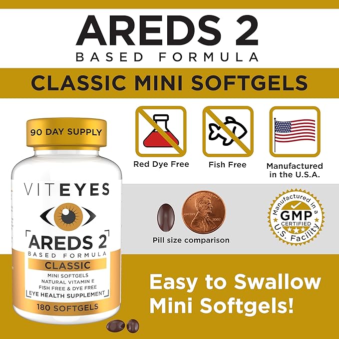 Viteyes AREDS 2 Classic Macular Health Formula Softgels Eye Health Vitamin to Support Macular Health Lower Zinc Eye Vitamins Macular Vitamins Beta-Carotene Free 180 Softgels