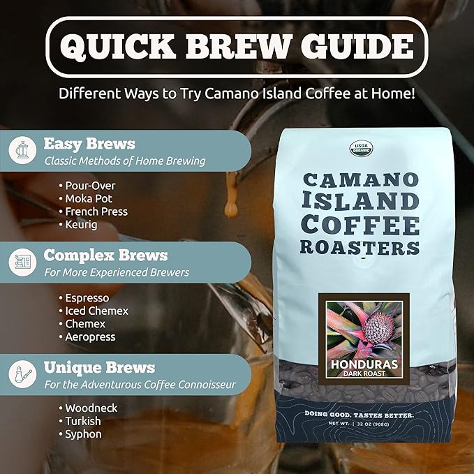 Camano Island Coffee Roasters Roasters Honduras Dark Roast Whole Bean 2lb Fresh Small Batch Roasted USDA Organic Fairly Traded Shade Grown Top 1% Arabica - Molasses Brown Sugar Cinnamon Flavor