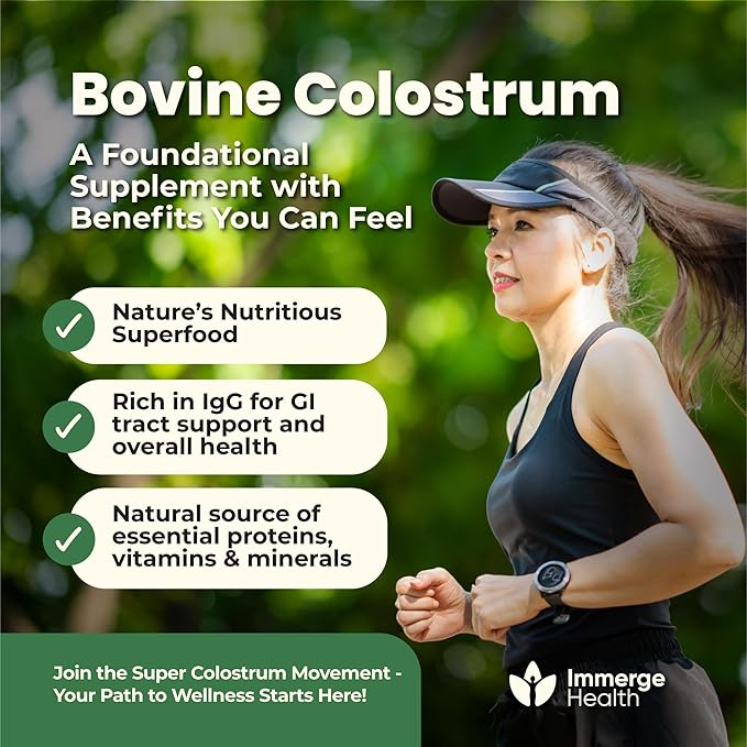 Immerge Health Super Colostrum Capsules - 120 Count High IgG Bovine Supplement for Gut Health Hair Growth Bloating &amp Immunity - 100% Grass Fed First Milking Tasteless &amp Travel Friendly USA