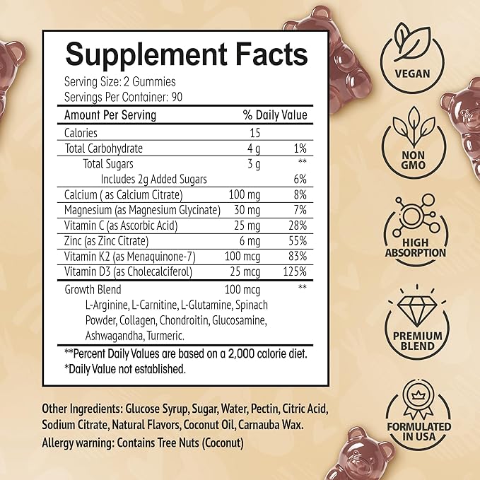 Height Growth Increase Vitamin Gummies Calcium Magnesium Zinc Ashwagandha Glucosamine Grow Tall Supplement Multivitamin for Kids Teens Adults