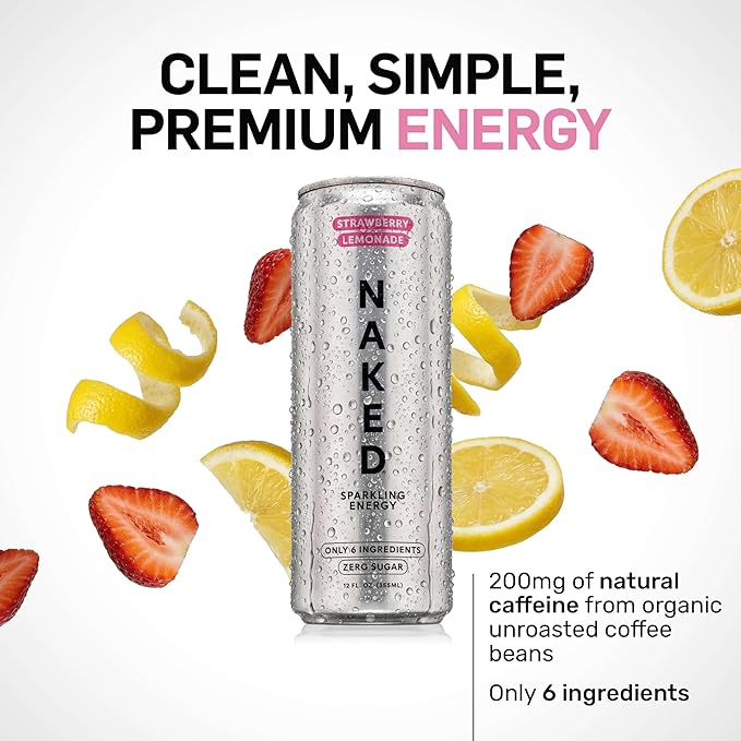 Naked Sparkling Energy Drink - Strawberry Lemonade Organic Caffeine Organic Lemon Juice Zero Sugar No Sucralose Naturally Sweetened Clean Energy Drinks Vegan Gluten-Free Non-GMO - 12oz Cans (