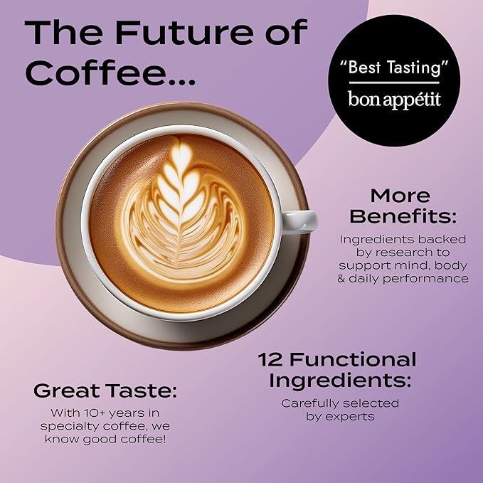 Atlas+ Latte Mushroom Coffee Superblend– Premium Coffee with Collagen Probiotics D3 &amp B12 Lion’s Mane Reishi Cordyceps Coconut– for Energy Focus Immunity &amp Gut Health– 20 Servings (1 B