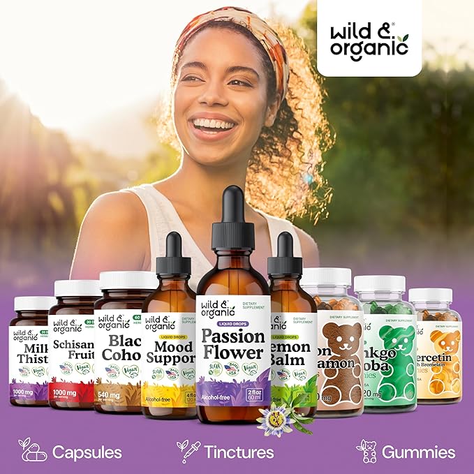 Wild &amp Organic Passionflower Tincture - Relaxing Passion Flower Drops for Women - Liquid Passiflora Incarnata Herb - Vegan Sugar &amp Alcohol-Free Extract Supplement - 2 fl oz