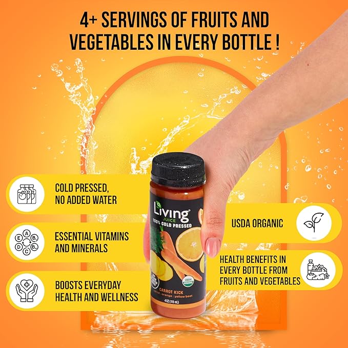 O2 Living Carrot Kick Mini Organic Cold Pressed Juice | Refreshing Carrot Orange &amp Yellow Beet Juice for Quick Wellness Boost | No Added Sugar or Water | Natural Sweetness | Non-GMO | 4 oz 8-Pac