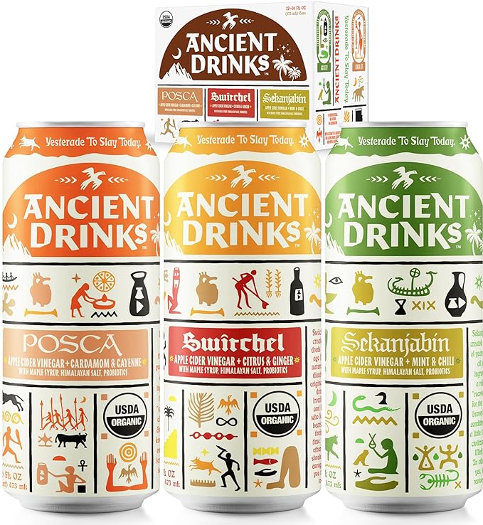 ANCIENT DRINKS Apple Cider Vinegar Electrolyte Drink with Probiotics – Organic Hydration Beverage Variety Pack (Posca Switchel Sekanjabin) – ACV Sports Drink with Natural Vitamins – 16 oz Cans 12 P