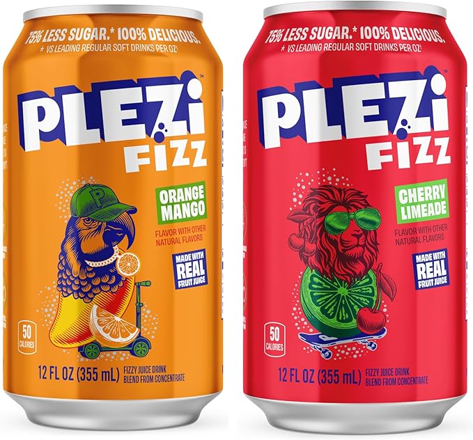 PLEZi FiZZ Orange Mango &amp Cherry Limeade Sparkling Juice Bundle – No Added Sugar Low Sugar Soda Alternative with Real Fruit Juice &amp Fiber – 12 Fl Oz (24 Cans Total)
