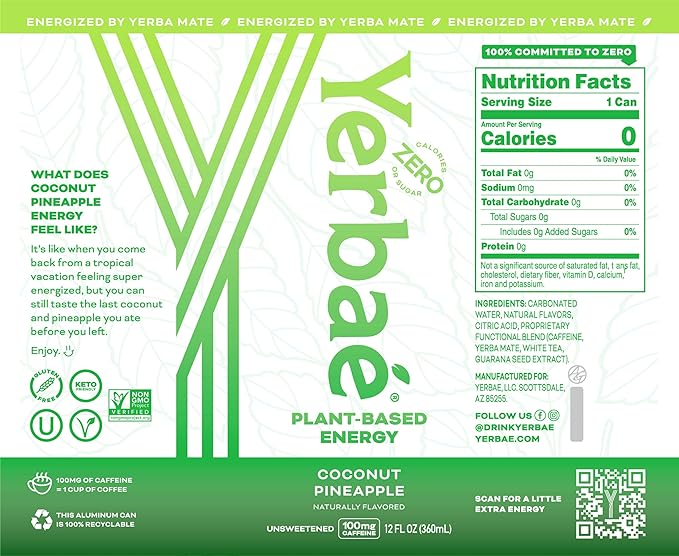 Yerbae Energy Seltzer - Pineapple Coconut 0 Sugar 0 Calories 0 Carbs Energized by Yerba Mate &amp Plant-Based Healthy Alternative to Coffee and Sugary Sodas 12oz cans (12 Pack)