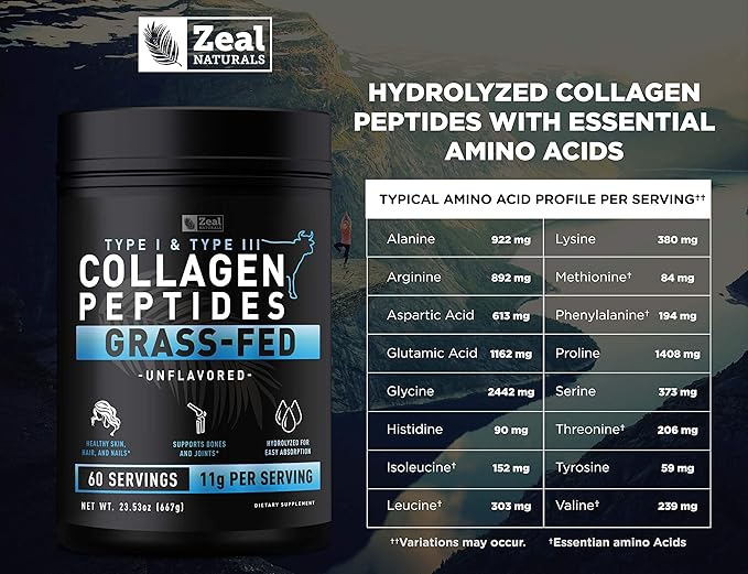 Zeal Naturals Hydrolyzed Collagen Peptides Powder 10g Protein | Grass-Fed Collagen for Women &amp Men | Essential Amino Acids | Hair Skin Nails Bone Health | 45 Servings Unflavored