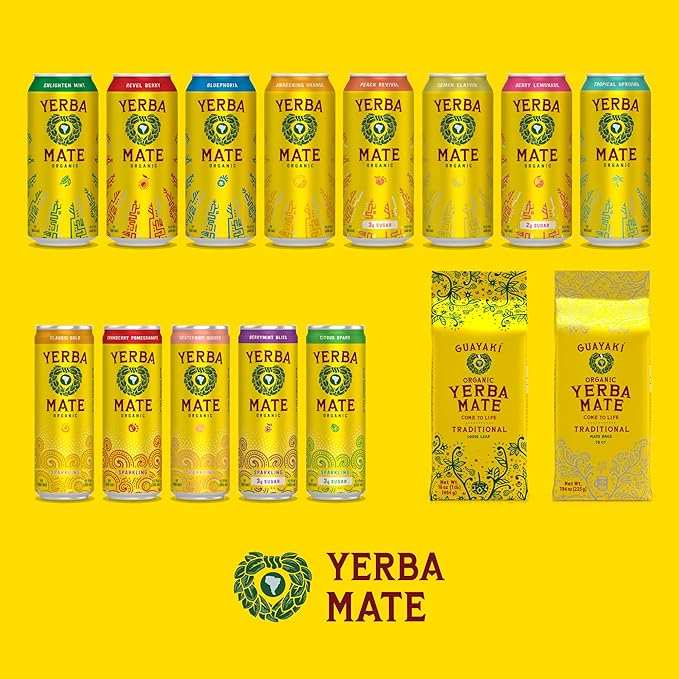 Yerba Madre Organic Yerba Mate Clean Energy Drink Alternative Bundle Lemon Elation &amp Bluephoria Flavors 15.5 Oz (Pack of 24) 150mg Natural Caffeine Smooth Energy &amp Focus