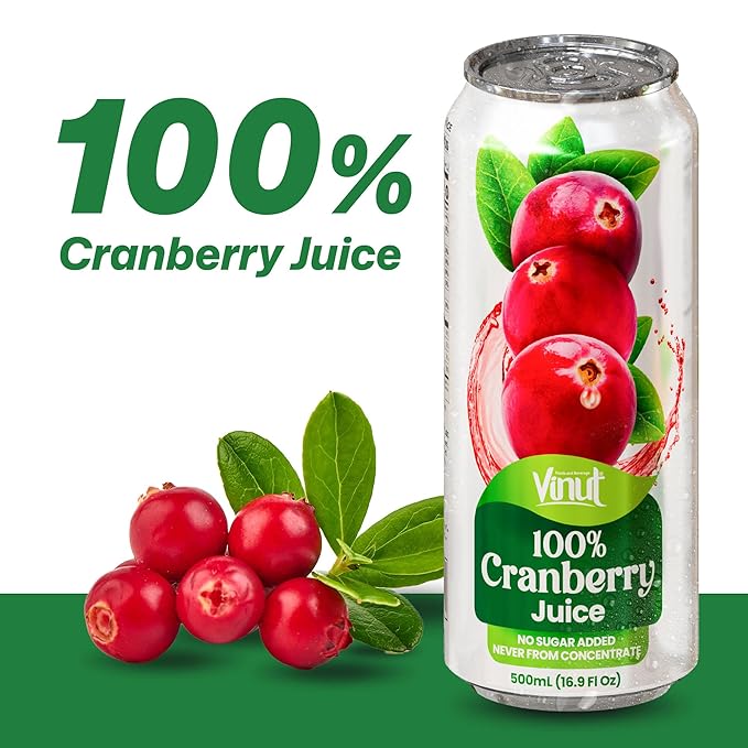 VINUT 100% Cranberry Juice No Added Sugar Not From Concentrate 16.9 fl oz (500 mL) Can Pack of 12
